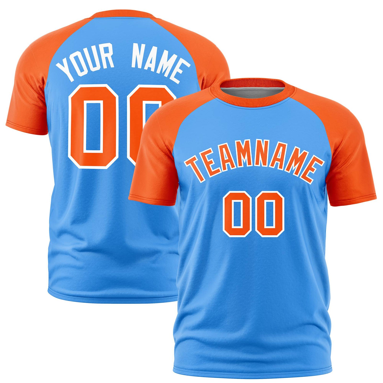 Custom Powder Blue Orange Raglan Sleeves Performance T-Shirt