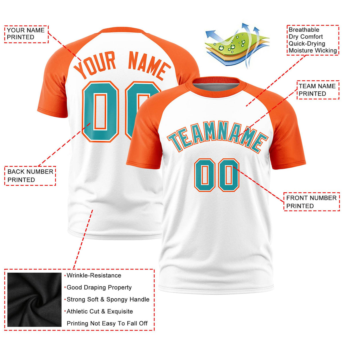 Custom White Orange Raglan Sleeves Performance T-Shirt