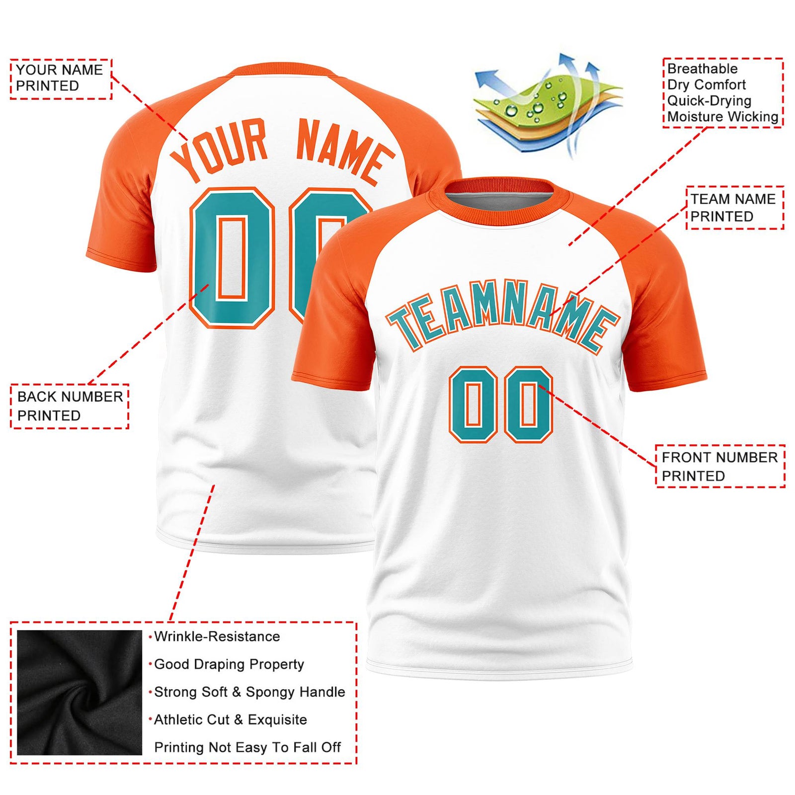 Custom White Orange Raglan Sleeves Performance T-Shirt