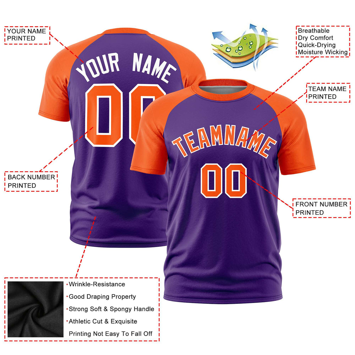 Custom Purple Orange Raglan Sleeves Performance T-Shirt