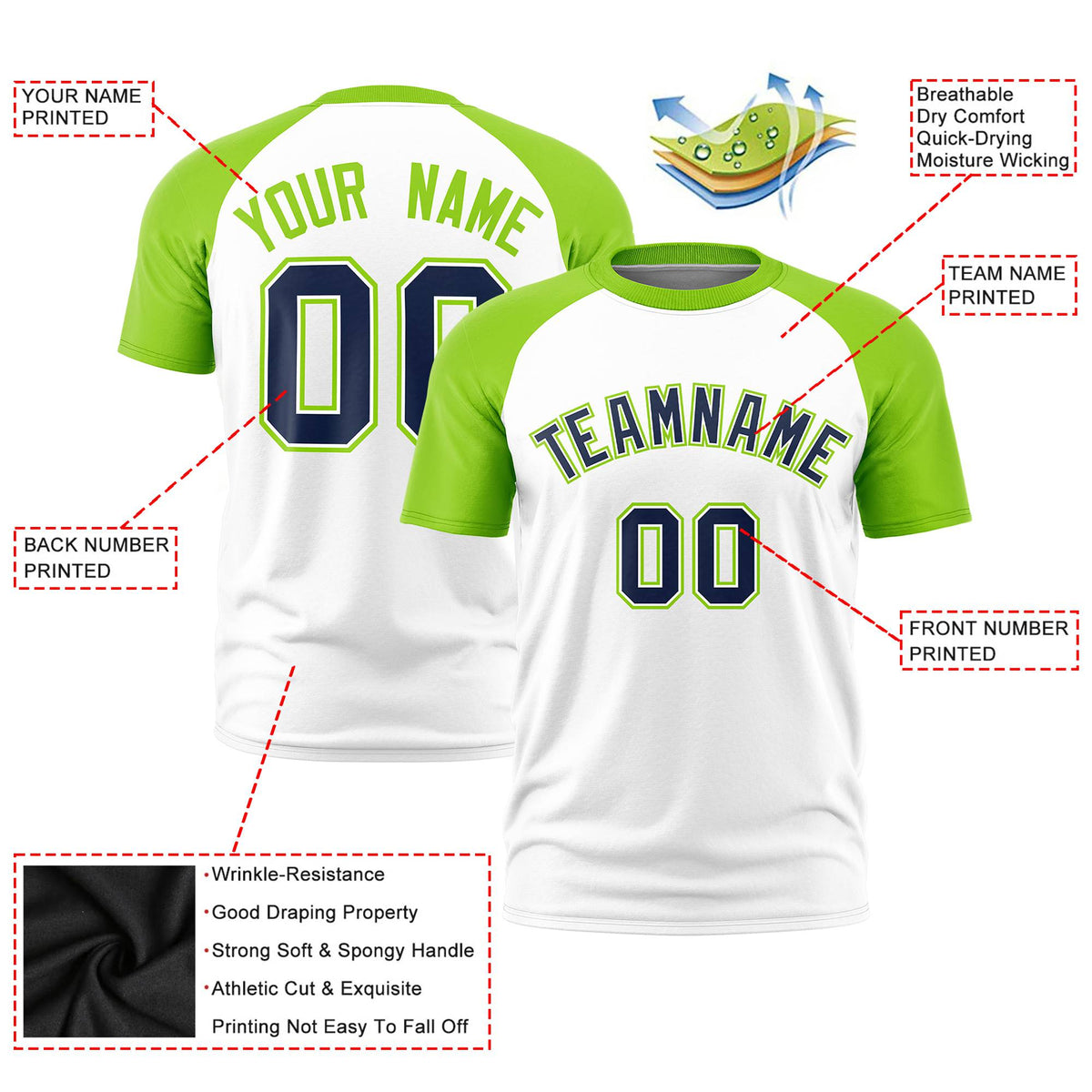 Custom White Neon Green Raglan Sleeves Performance T-Shirt