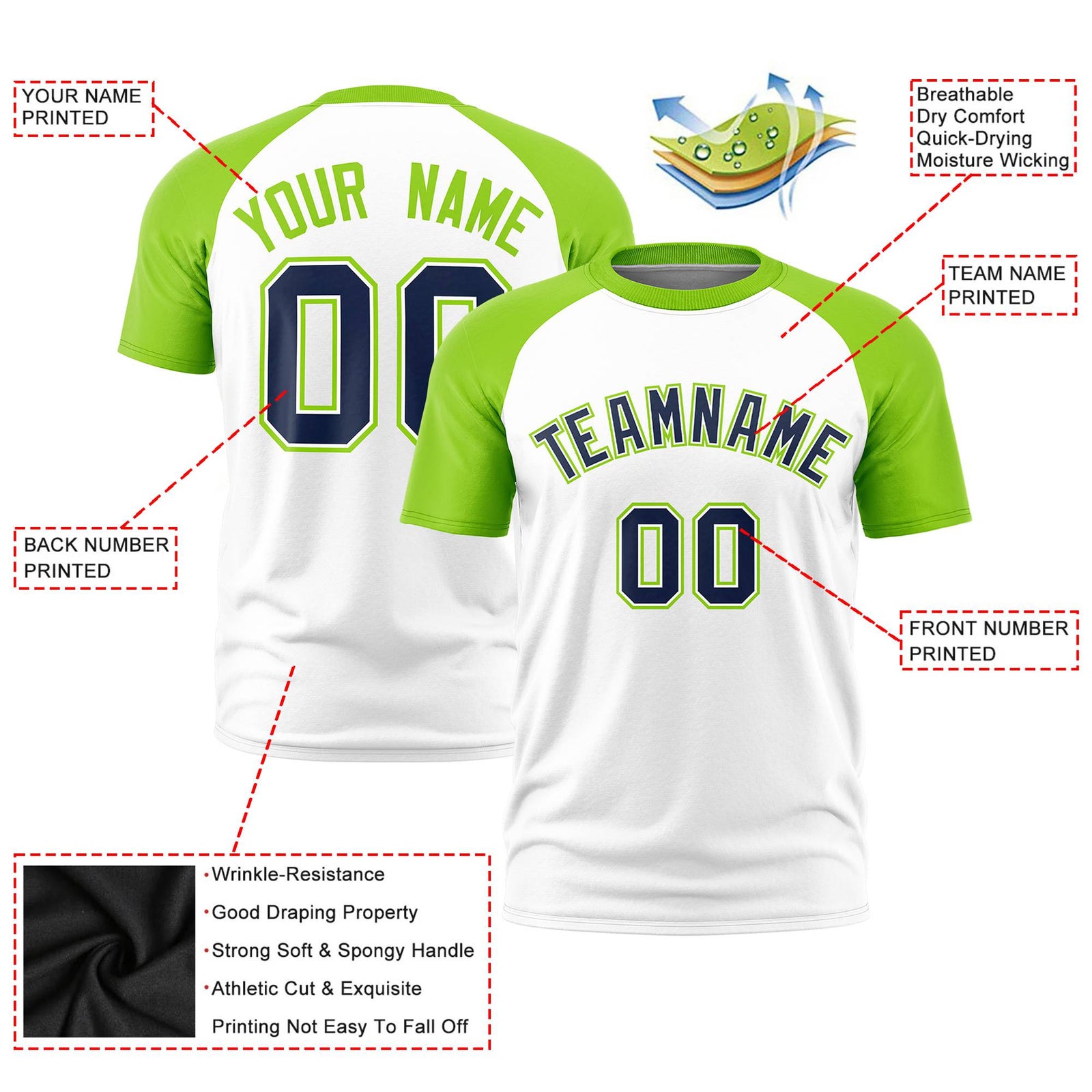 Custom White Neon Green Raglan Sleeves Performance T-Shirt