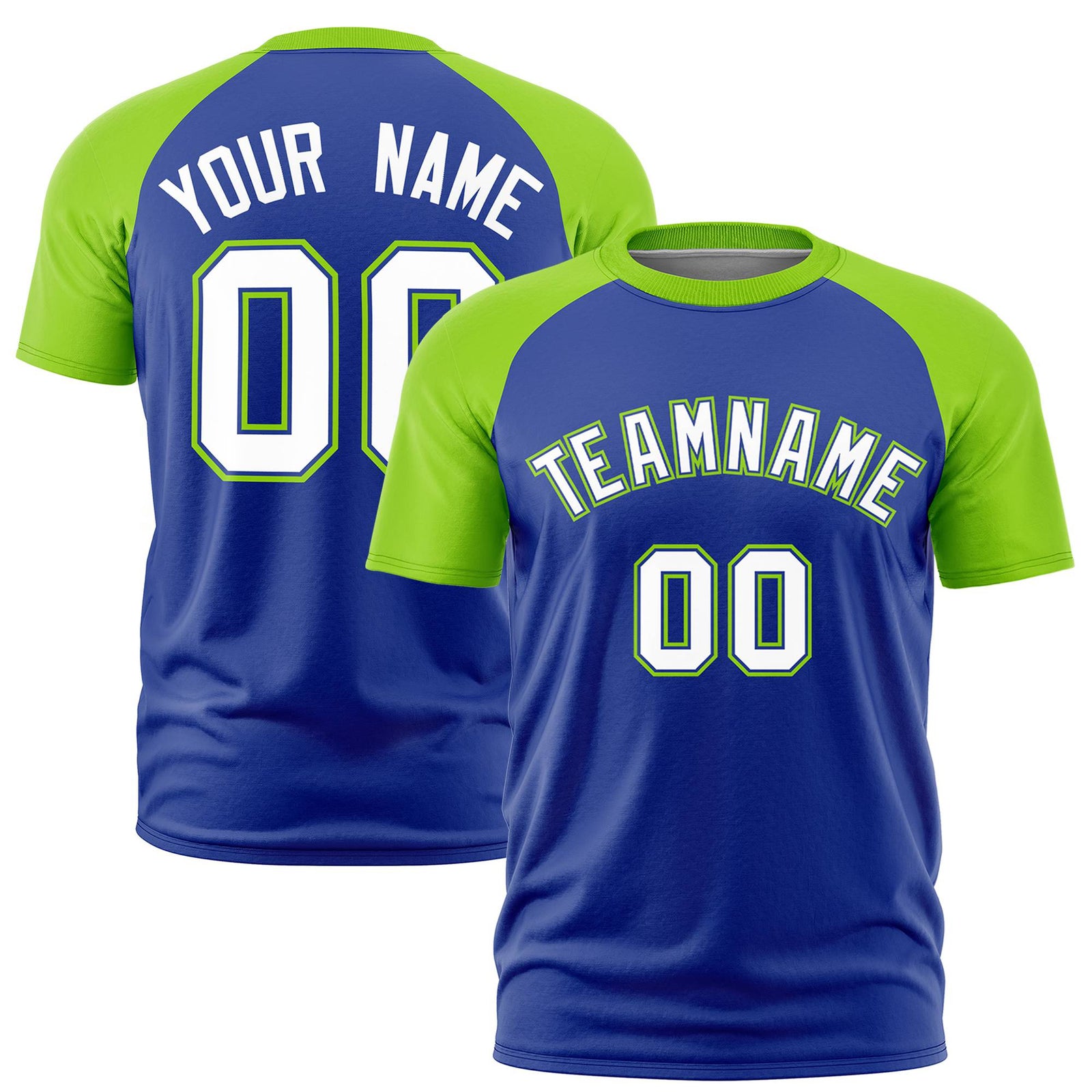 Custom Royal Blue-Neon Green Raglan Sleeves Performance T-Shirt
