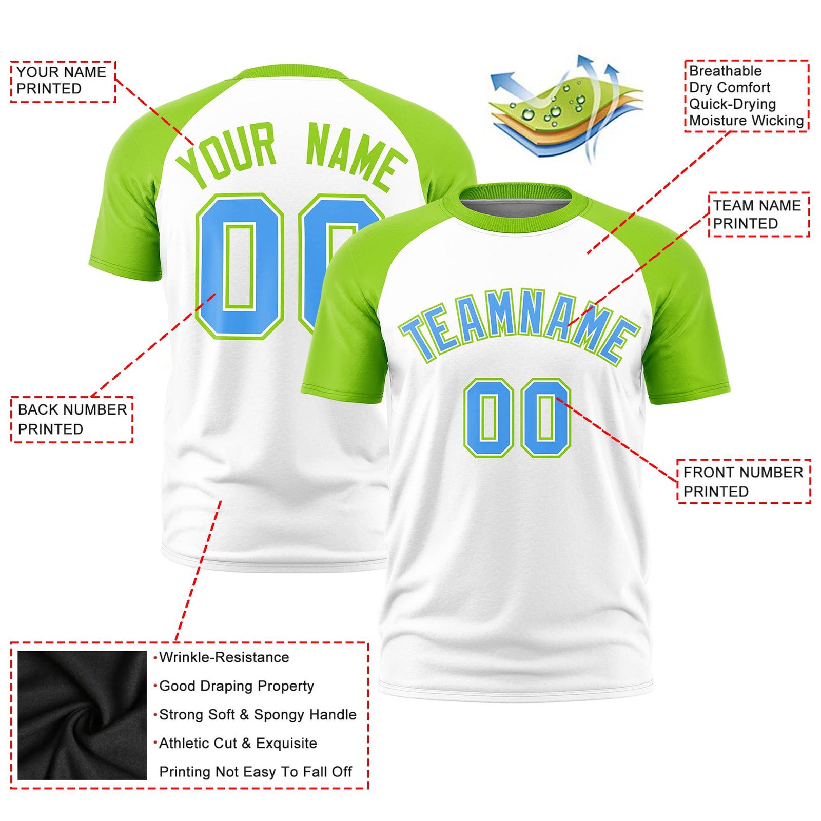 Custom White Neon Green Raglan Sleeves Performance T-Shirt