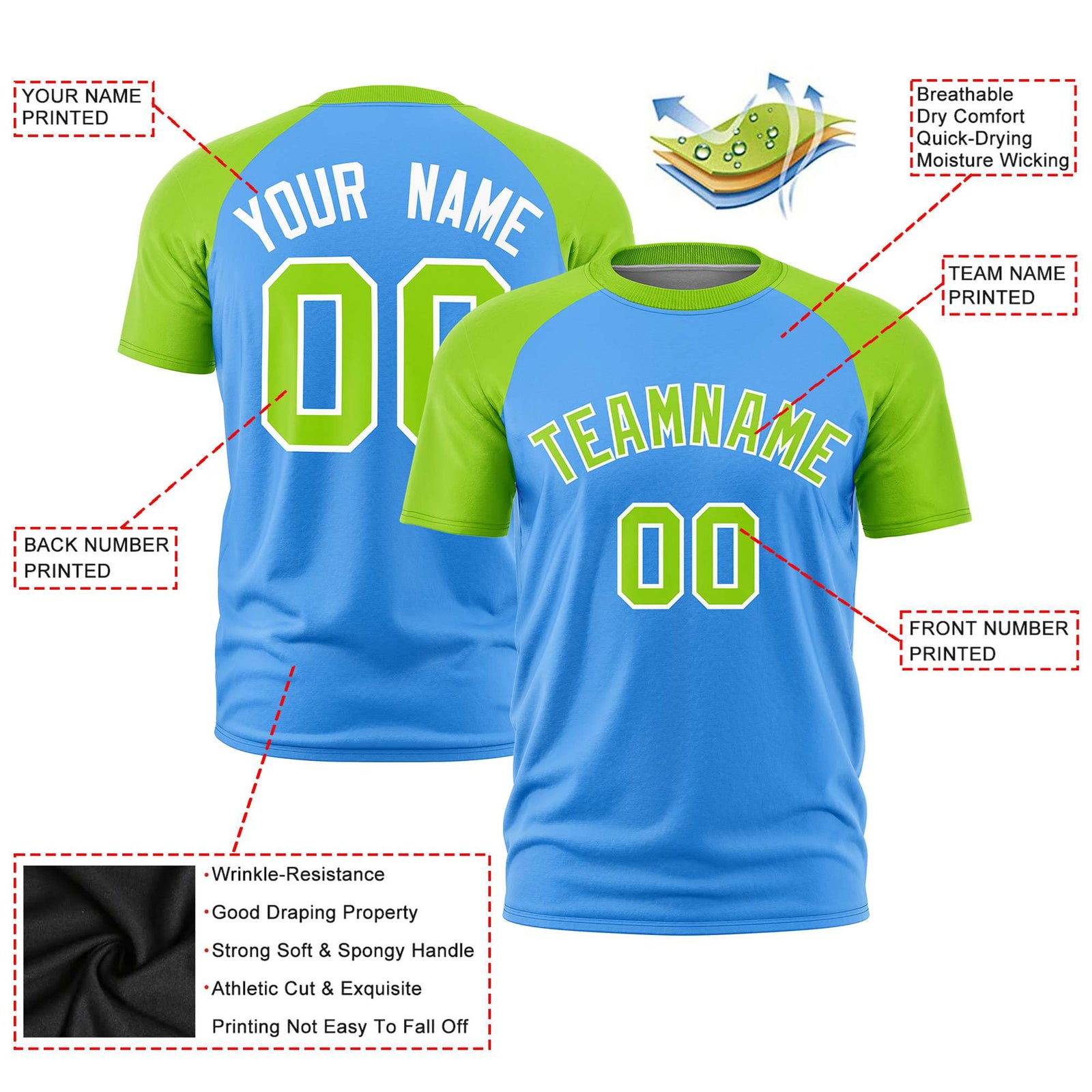 Custom Powder Blue-Neon Green Raglan Sleeves Performance T-Shirt