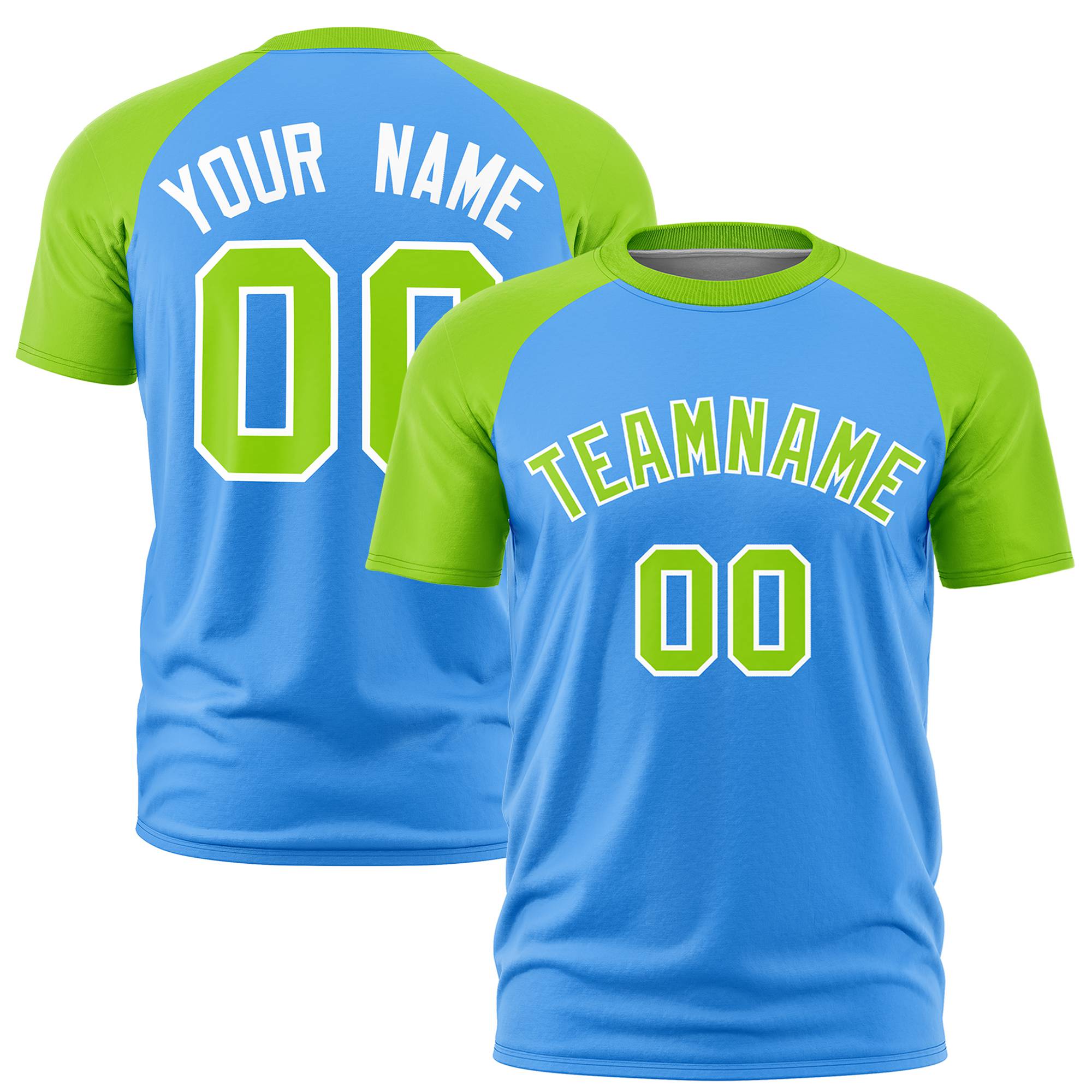 Custom Powder Blue-Neon Green Raglan Sleeves Performance T-Shirt