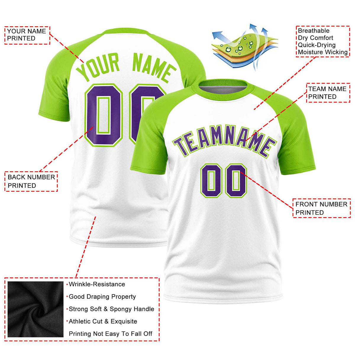 Custom White Neon Green Raglan Sleeves Performance T-Shirt