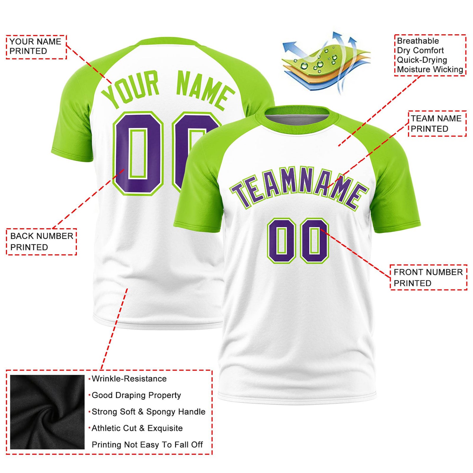 Custom White Neon Green Raglan Sleeves Performance T-Shirt