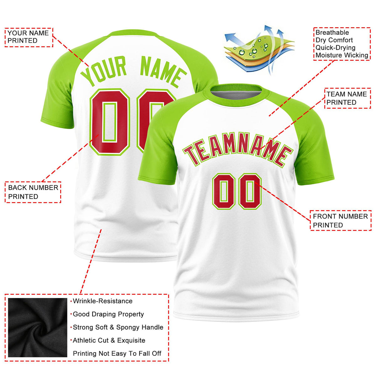 Custom White Neon Green Raglan Sleeves Performance T-Shirt