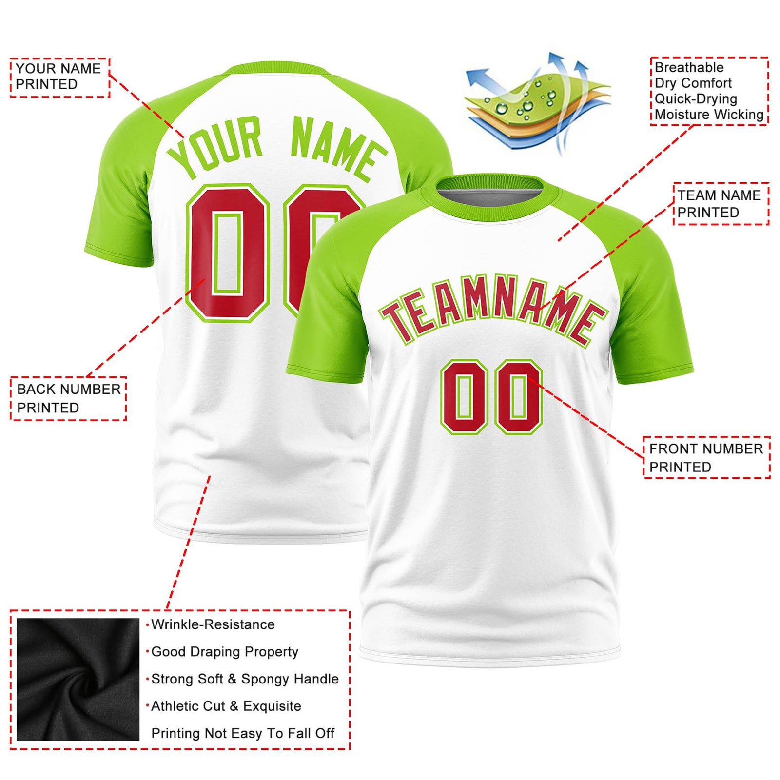 Custom White Neon Green Raglan Sleeves Performance T-Shirt