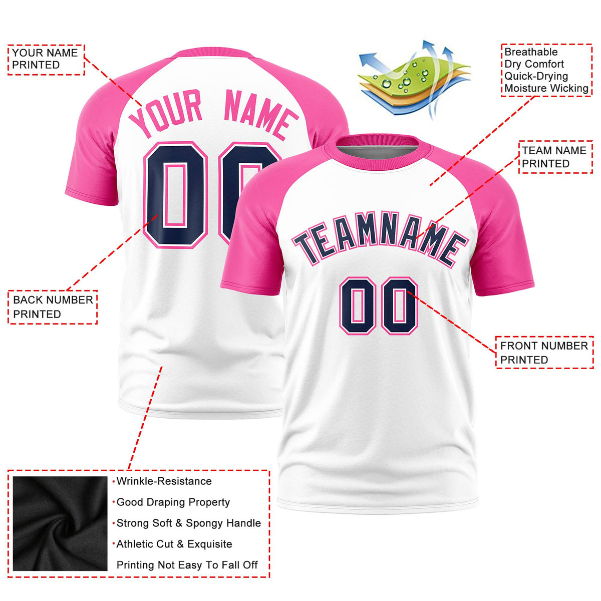 Custom White Pink Raglan Sleeves Performance T-Shirt