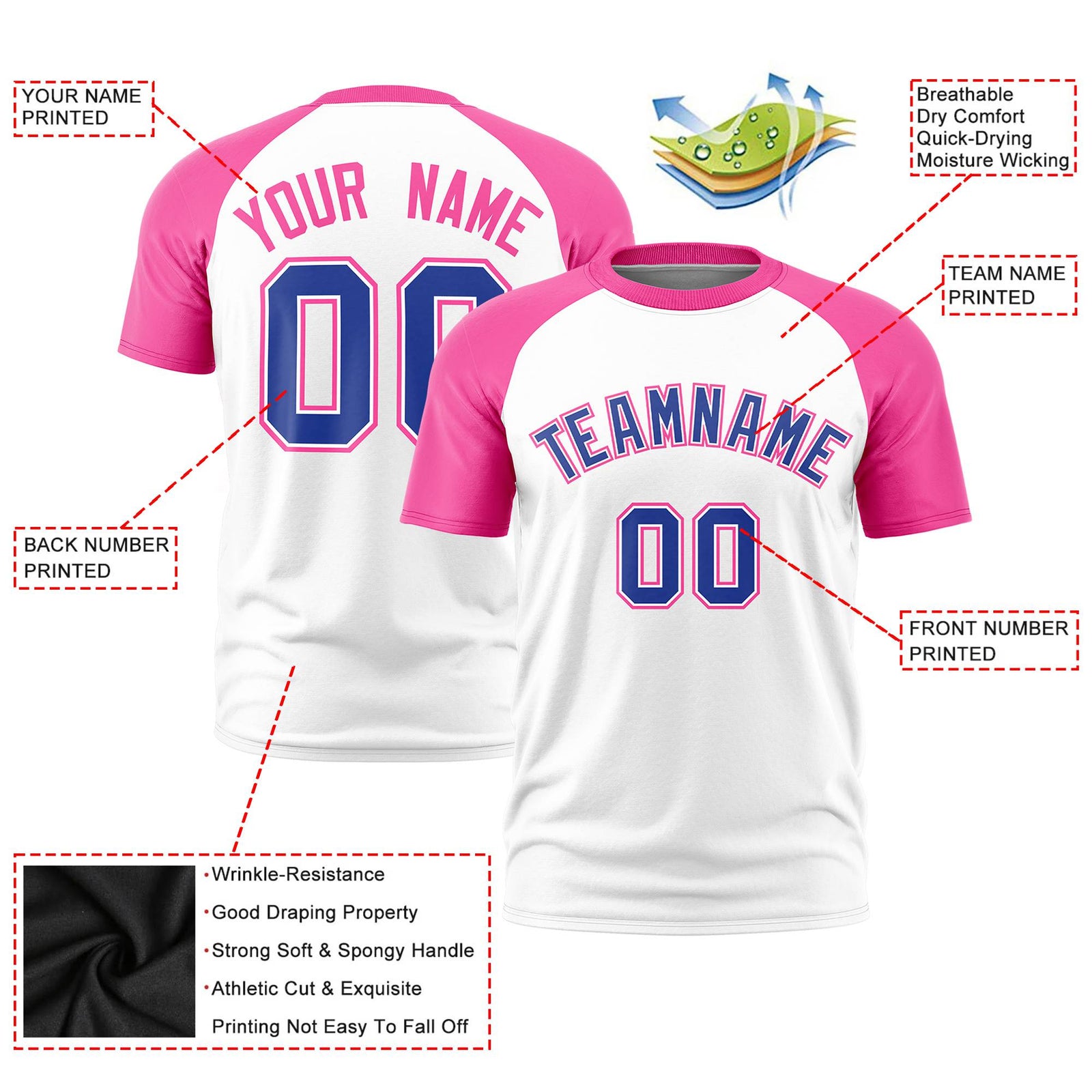 Custom White Pink Raglan Sleeves Performance T-Shirt