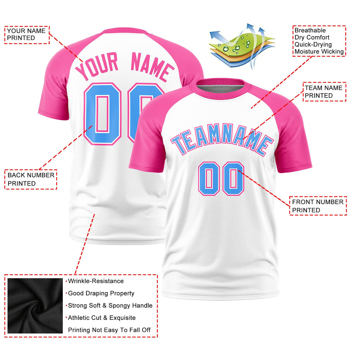 Custom White Pink Raglan Sleeves Performance T-Shirt