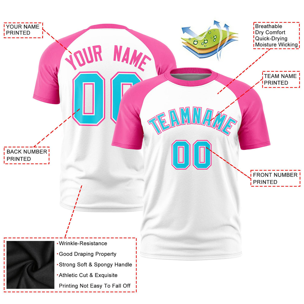 Custom White Pink Raglan Sleeves Performance T-Shirt