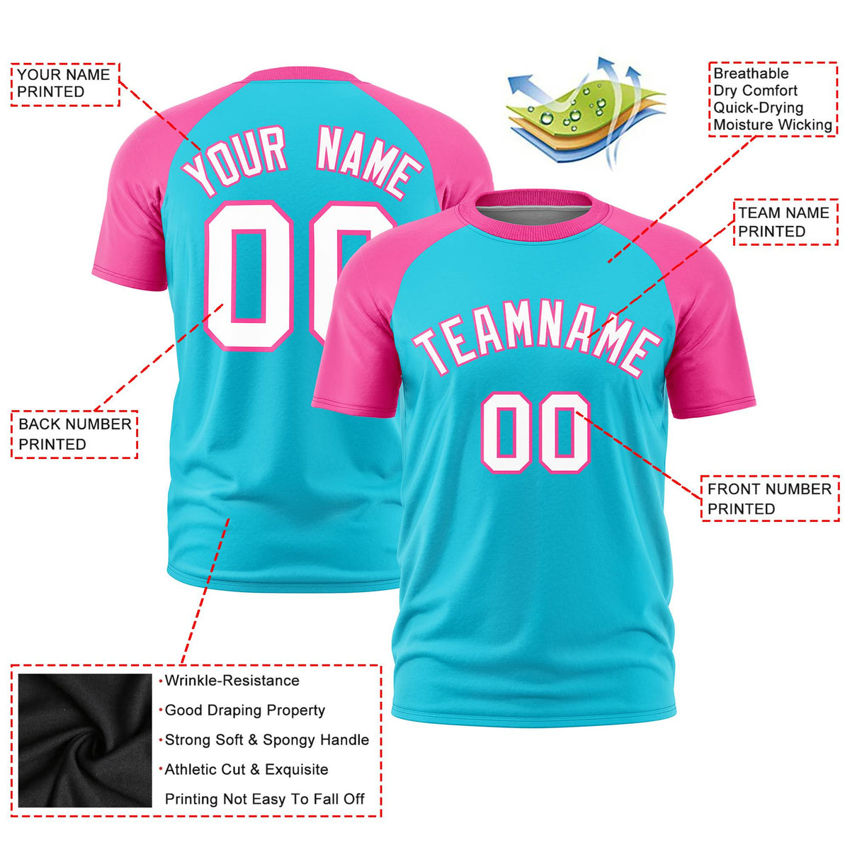 Custom Sky Blue Pink Raglan Sleeves Performance T-Shirt