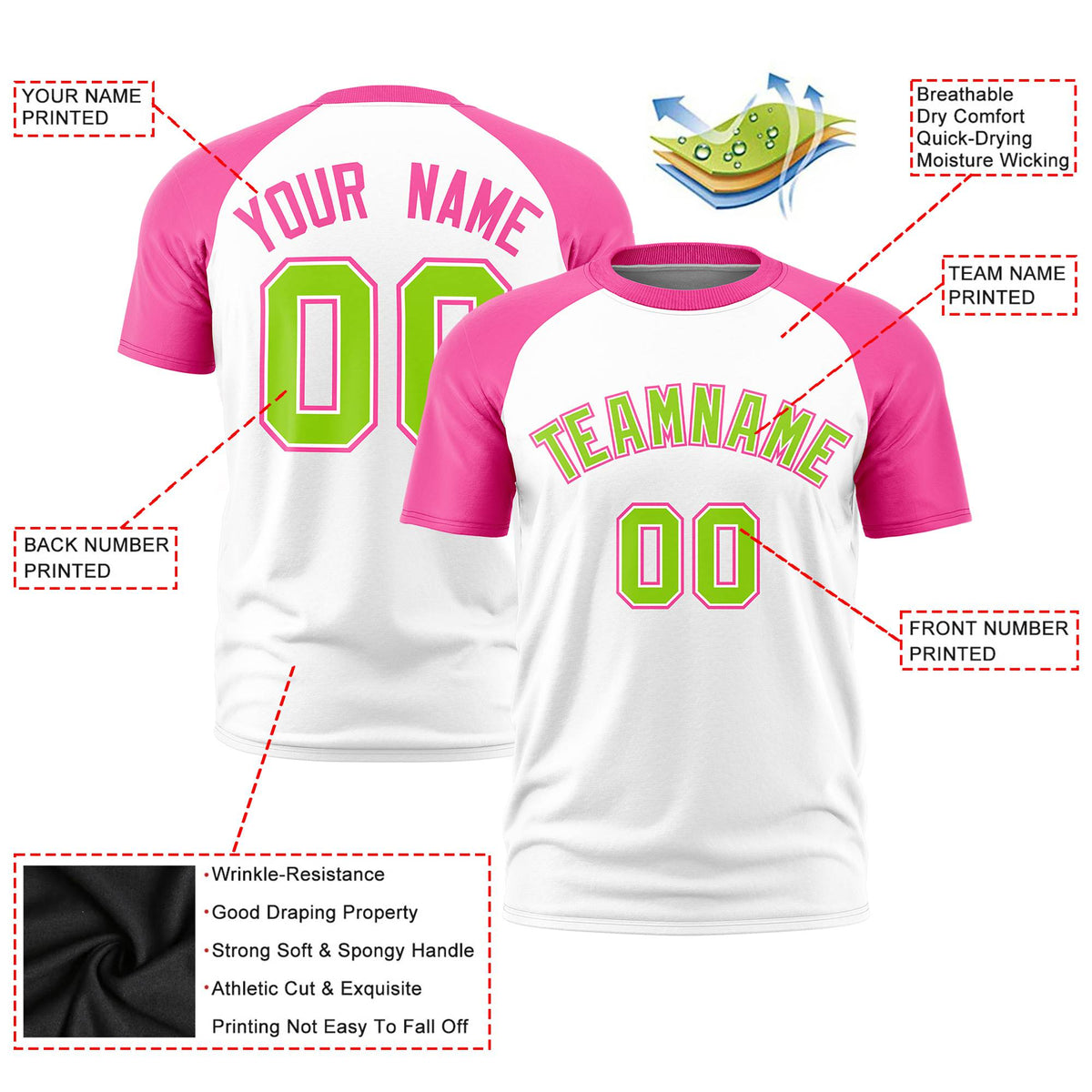 Custom White Pink Raglan Sleeves Performance T-Shirt