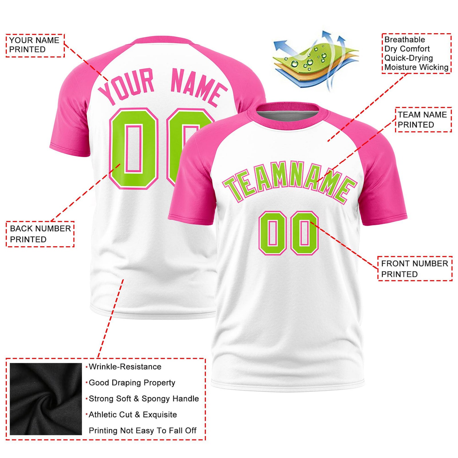 Custom White Pink Raglan Sleeves Performance T-Shirt