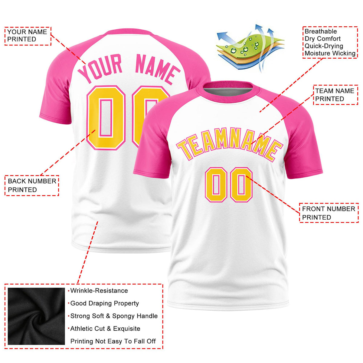 Custom White Pink Raglan Sleeves Performance T-Shirt