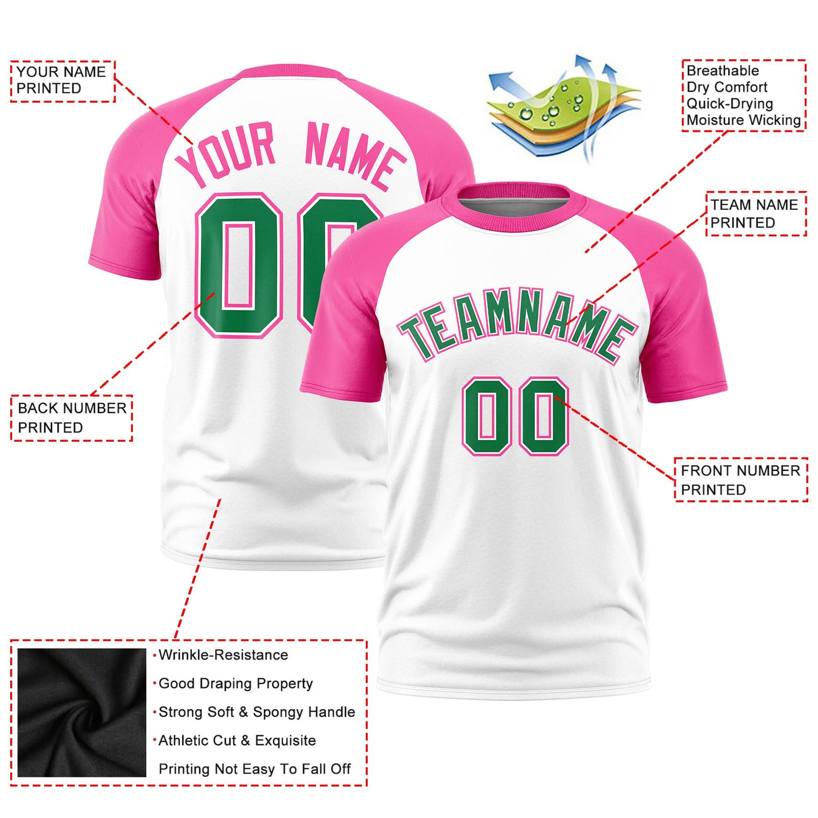 Custom White Pink Raglan Sleeves Performance T-Shirt