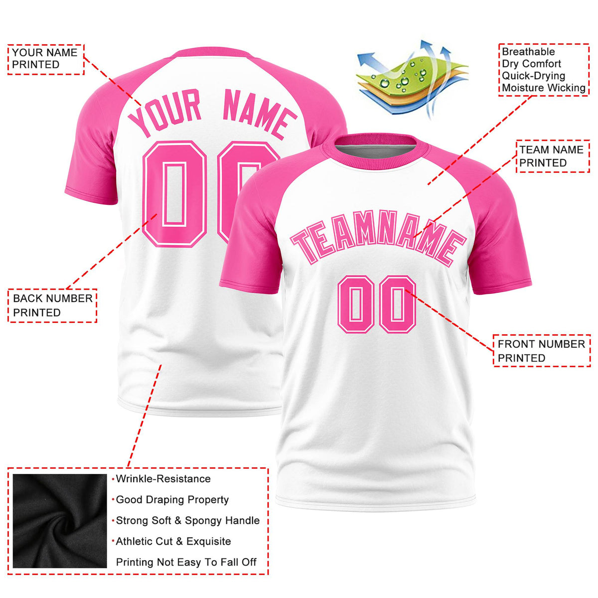 Custom White Pink Raglan Sleeves Performance T-Shirt