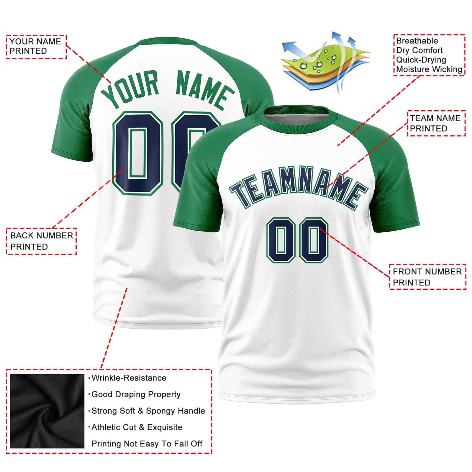 Custom White Kelly Green Raglan Sleeves Performance T-Shirt