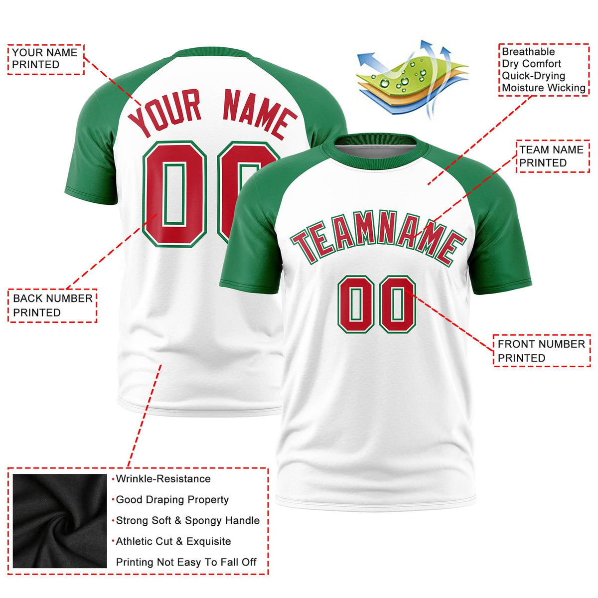 Custom White Kelly Green Raglan Sleeves Performance T-Shirt