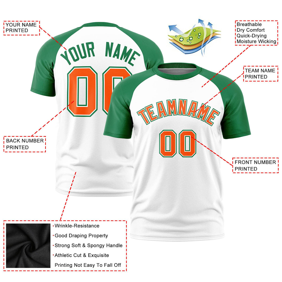 Custom White Kelly Green Raglan Sleeves Performance T-Shirt