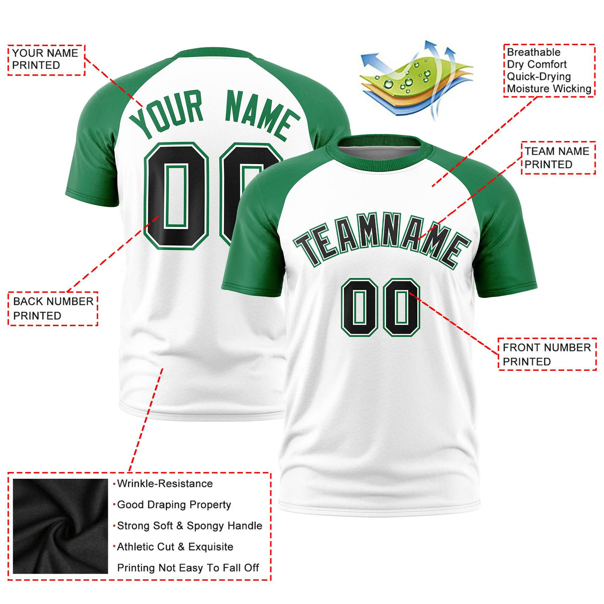 Custom White Kelly Green Raglan Sleeves Performance T-Shirt