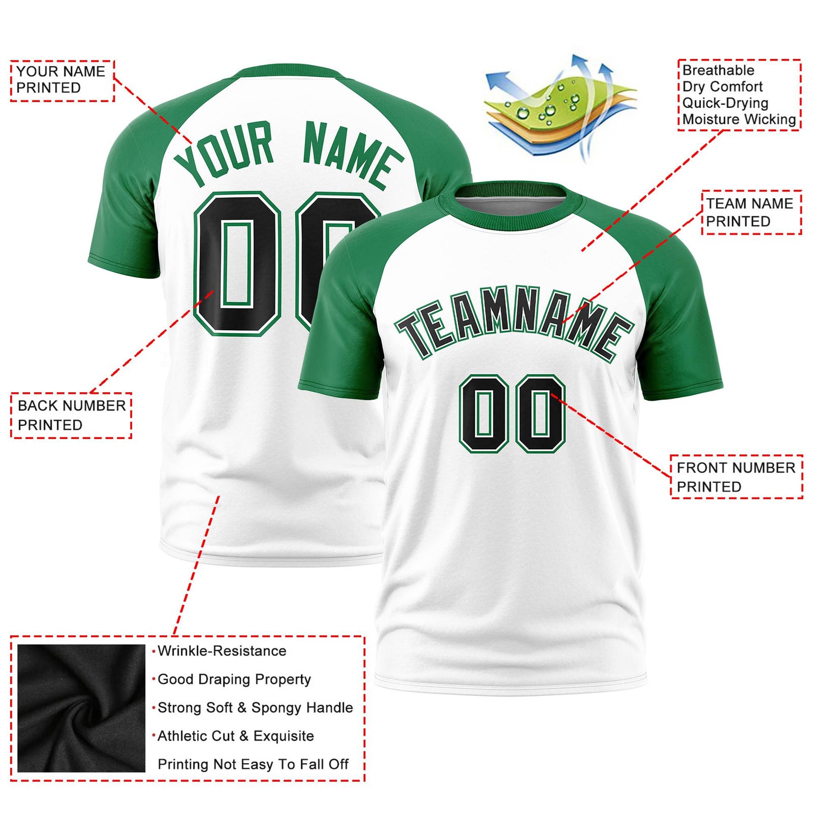 Custom White Kelly Green Raglan Sleeves Performance T-Shirt