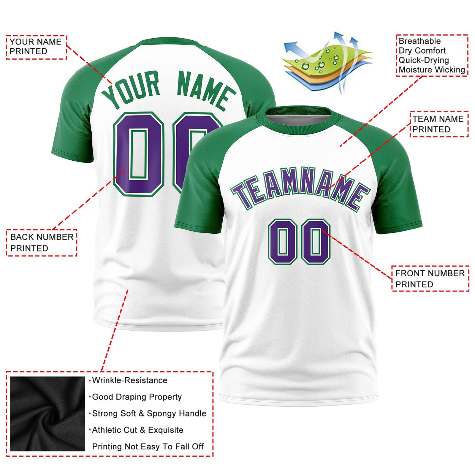 Custom White Kelly Green Raglan Sleeves Performance T-Shirt
