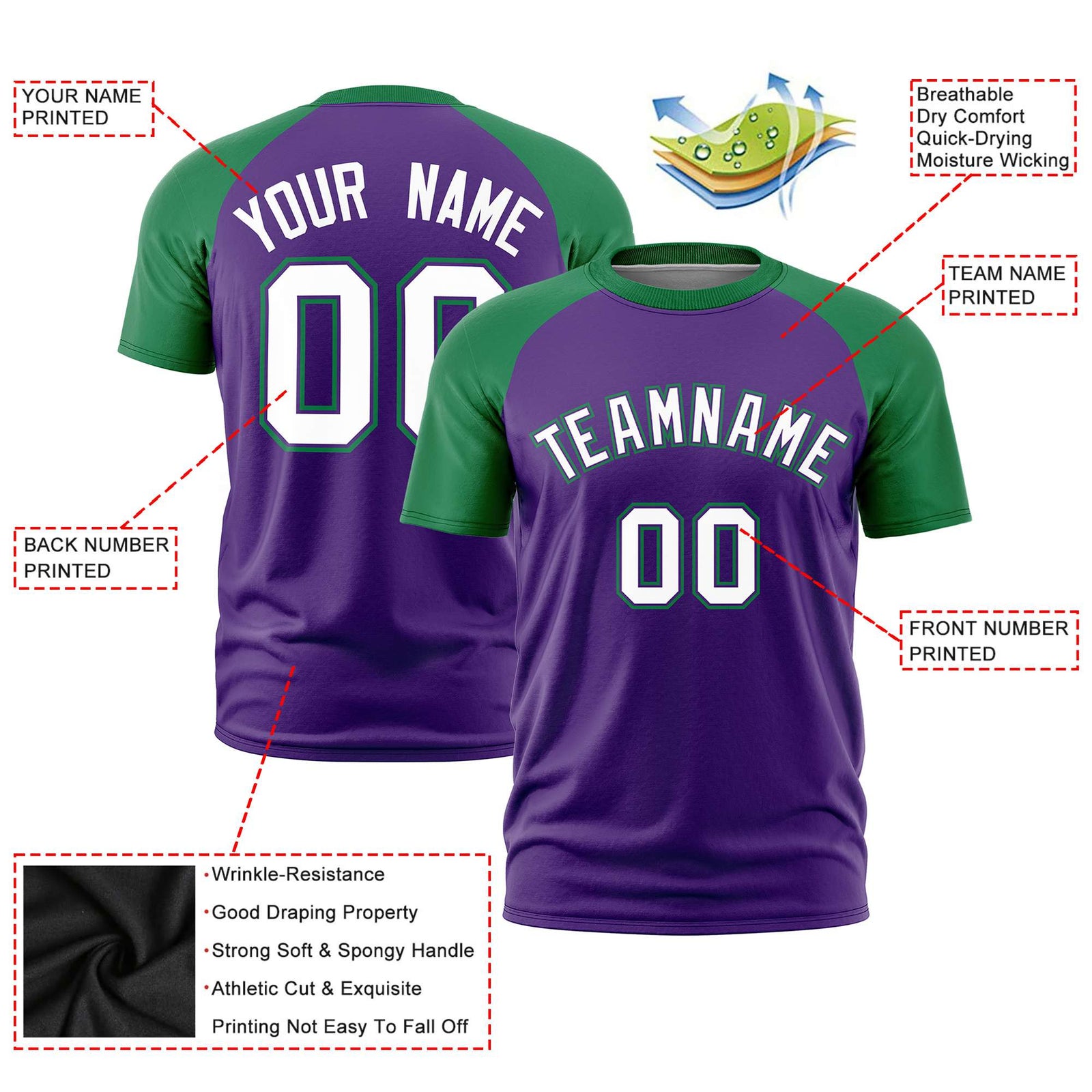 Custom Purple Kelly Green Raglan Sleeves Performance T-Shirt