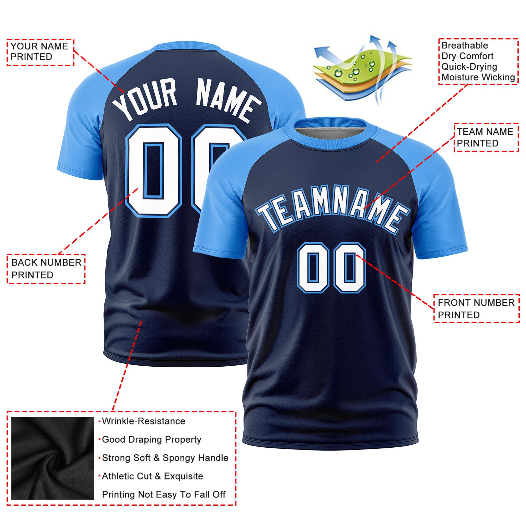 Custom Navy Powder Blue Raglan Sleeves Performance T-Shirt