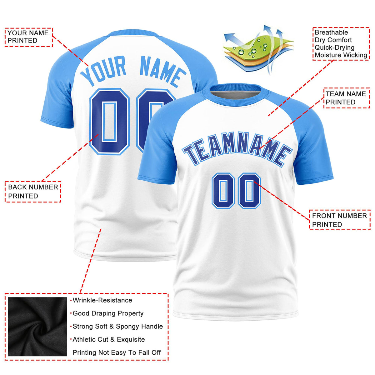 Custom White Powder Blue Raglan Sleeves Performance T-Shirt