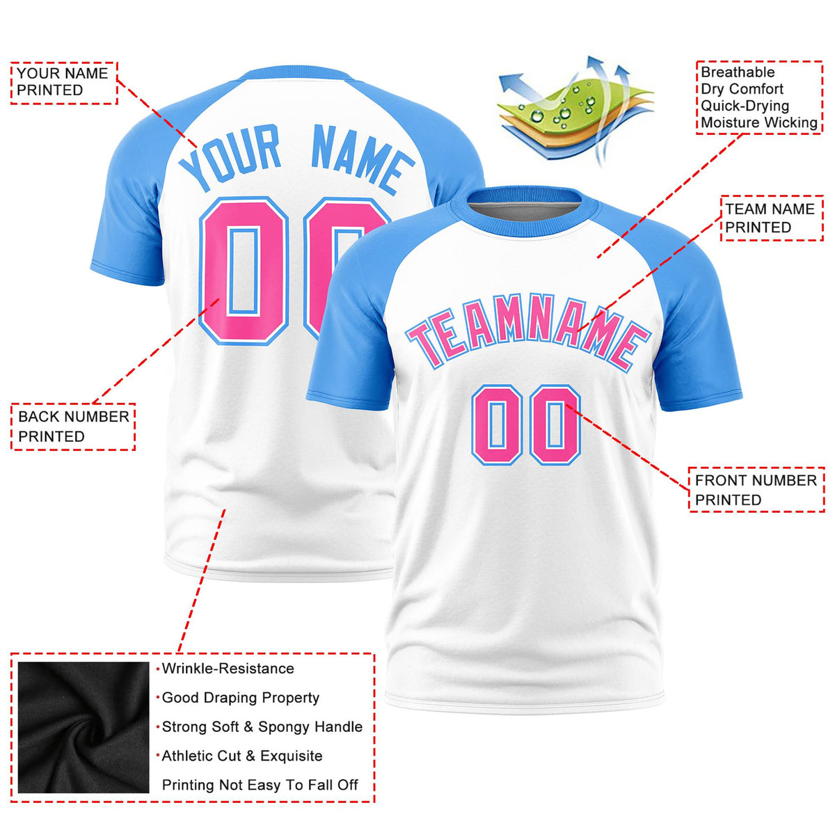 Custom White Powder Blue Raglan Sleeves Performance T-Shirt