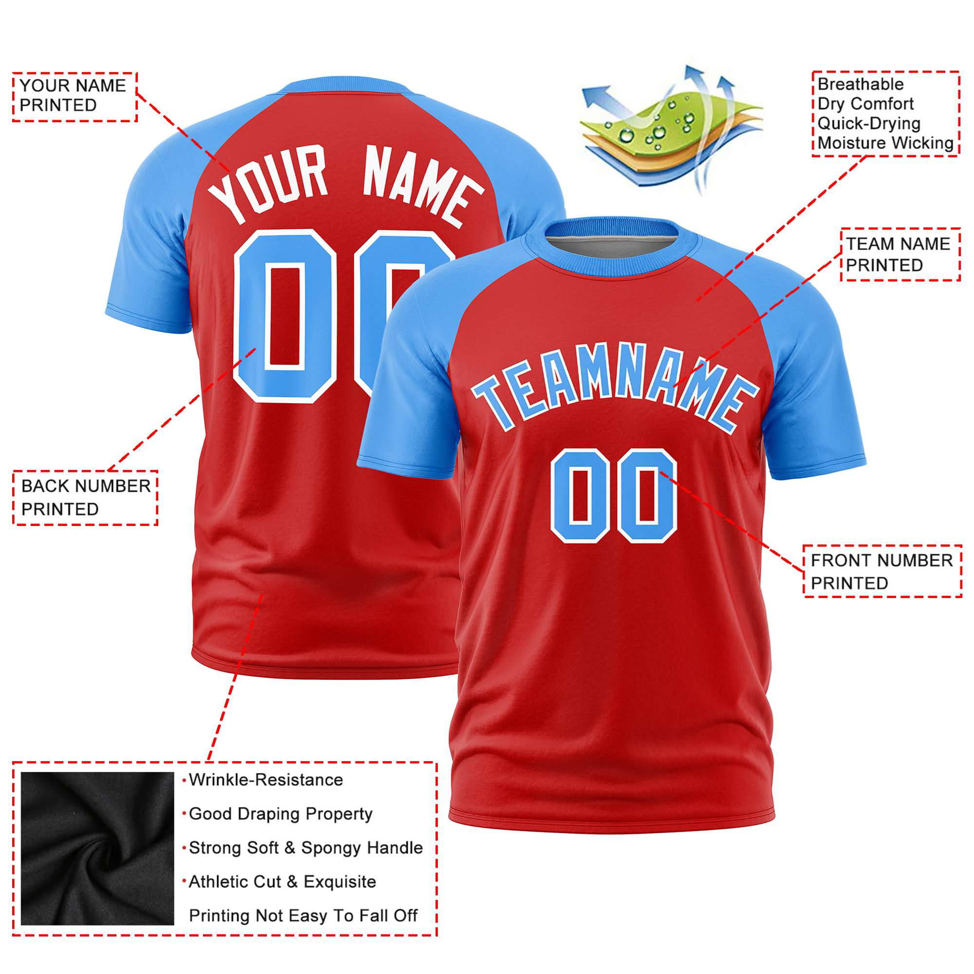 Custom Red Powder Blue Raglan Sleeves Performance T-Shirt