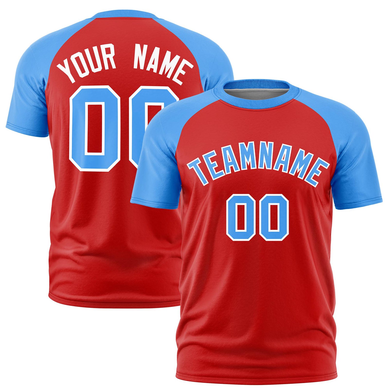 Custom Red Powder Blue Raglan Sleeves Performance T-Shirt