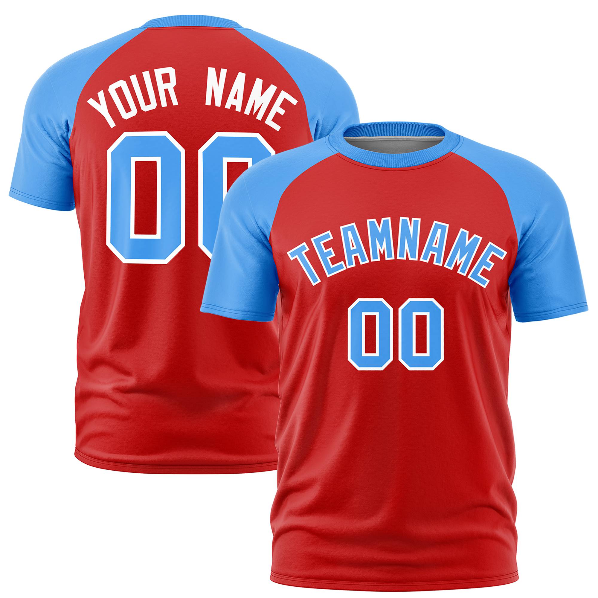 Custom Red Powder Blue Raglan Sleeves Performance T-Shirt