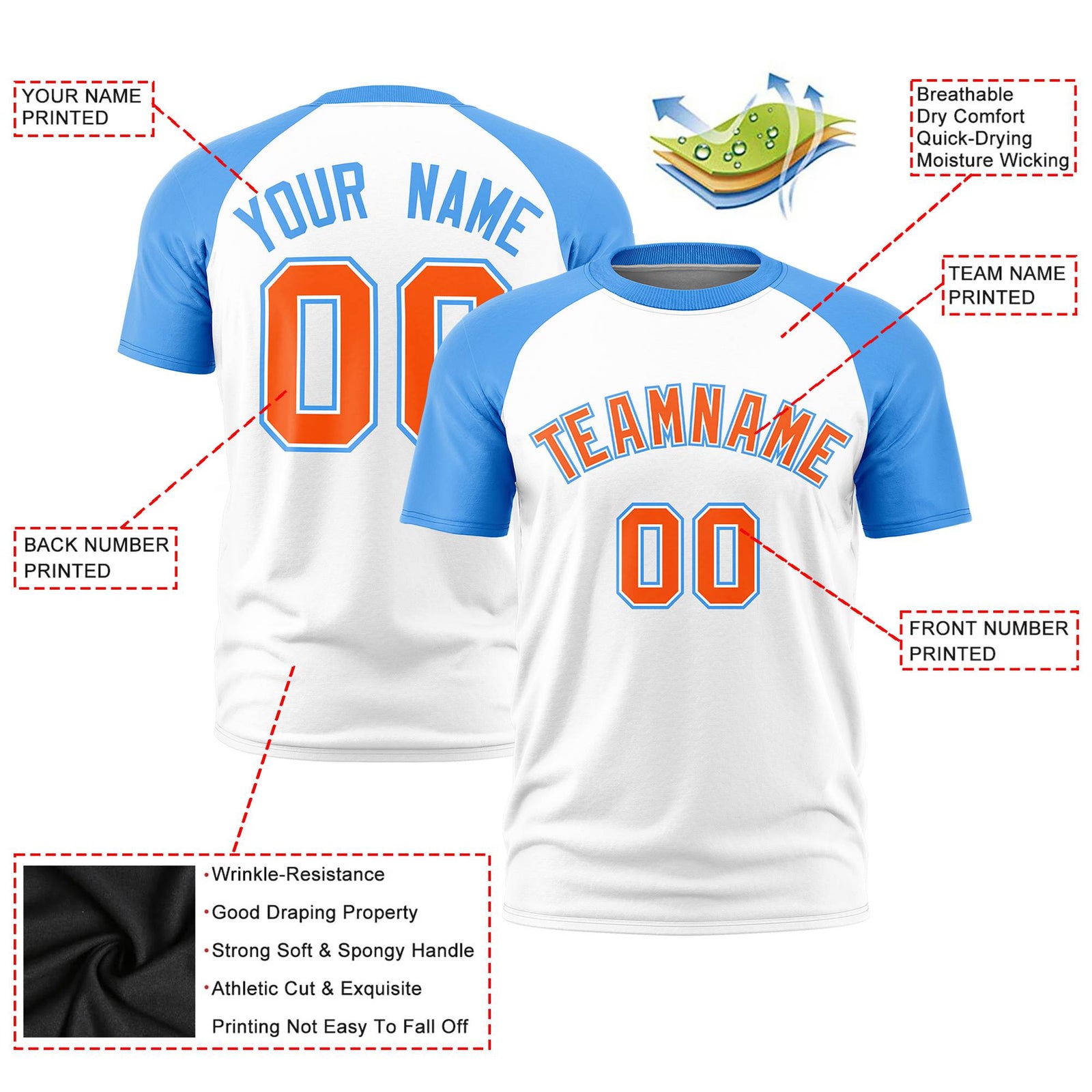 Custom White Powder Blue Raglan Sleeves Performance T-Shirt