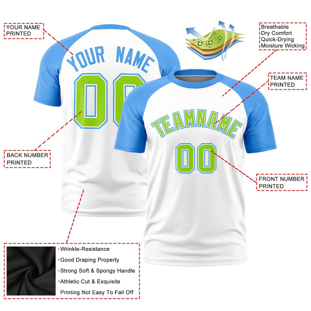 Custom White Powder Blue Raglan Sleeves Performance T-Shirt
