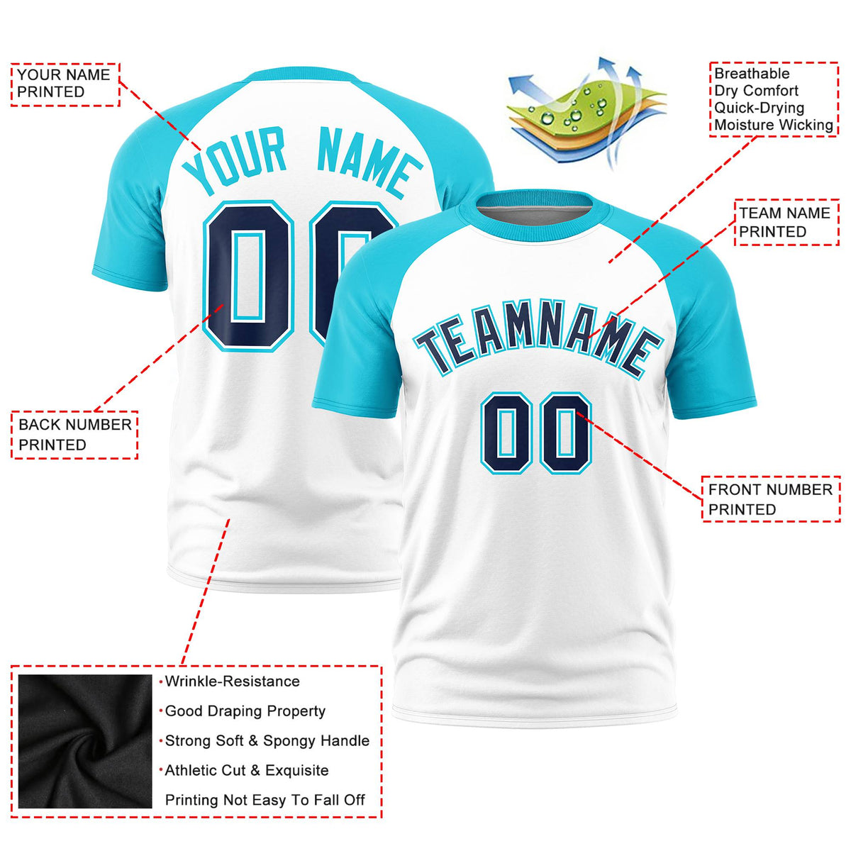 Custom White Sky Blue Raglan Sleeves Performance T-Shirt