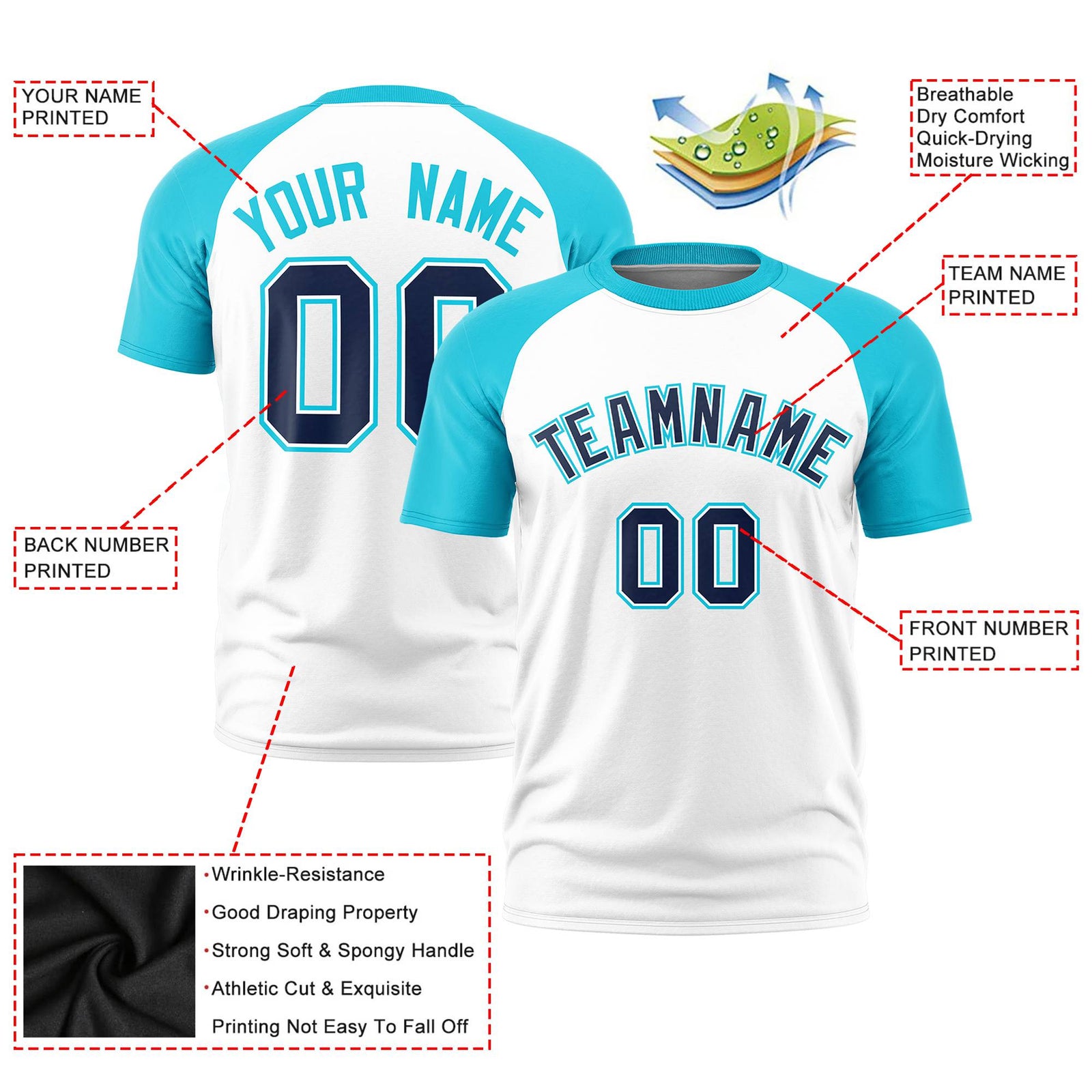 Custom White Sky Blue Raglan Sleeves Performance T-Shirt