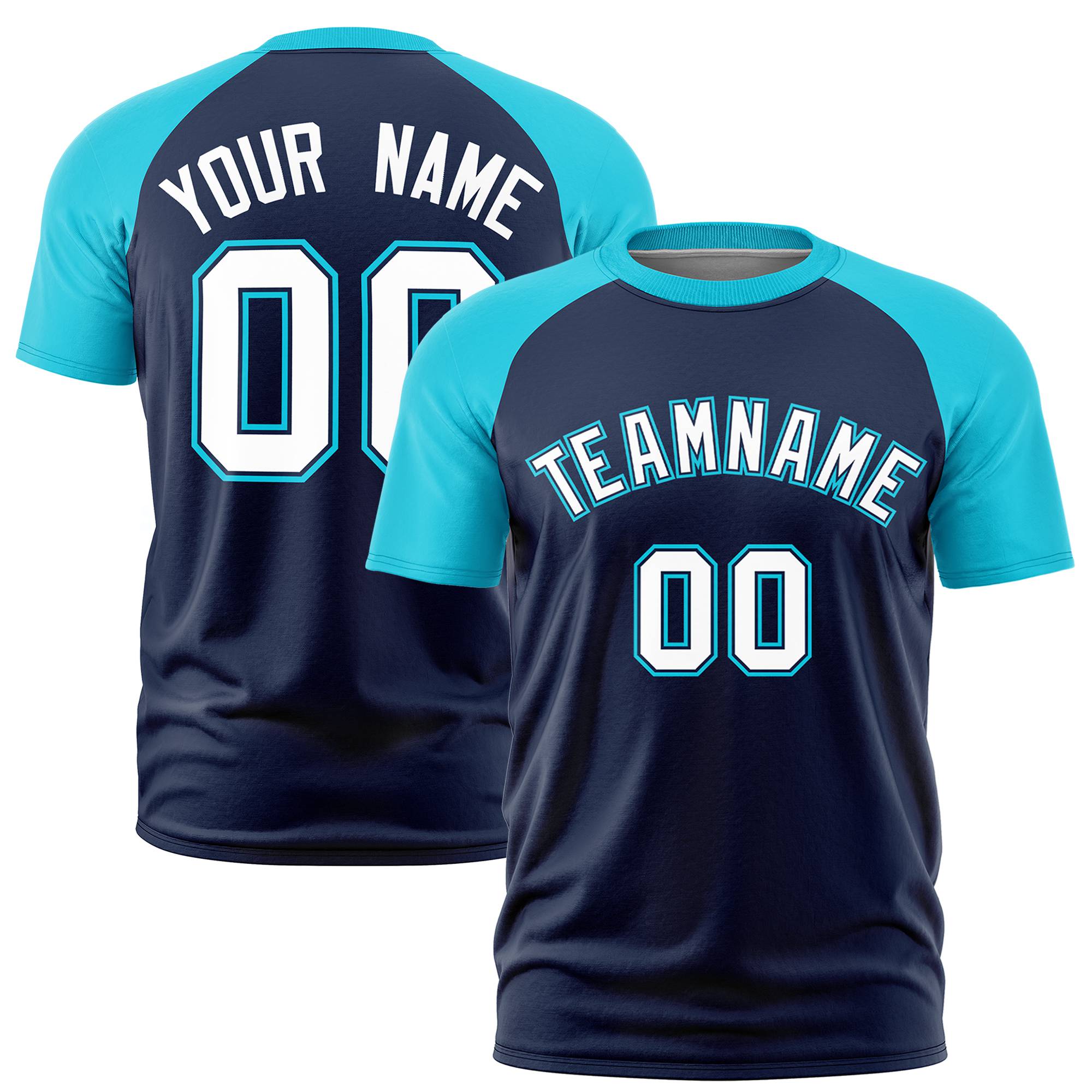 Custom Navy Sky Blue Raglan Sleeves Performance T-Shirt