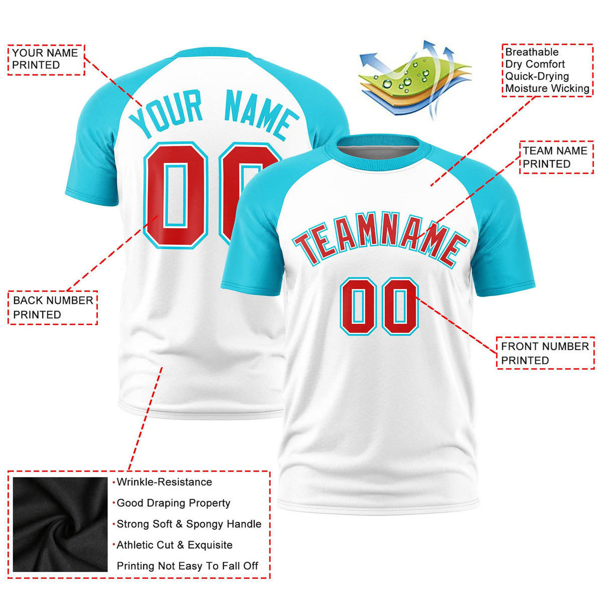 Custom White Sky Blue Raglan Sleeves Performance T-Shirt