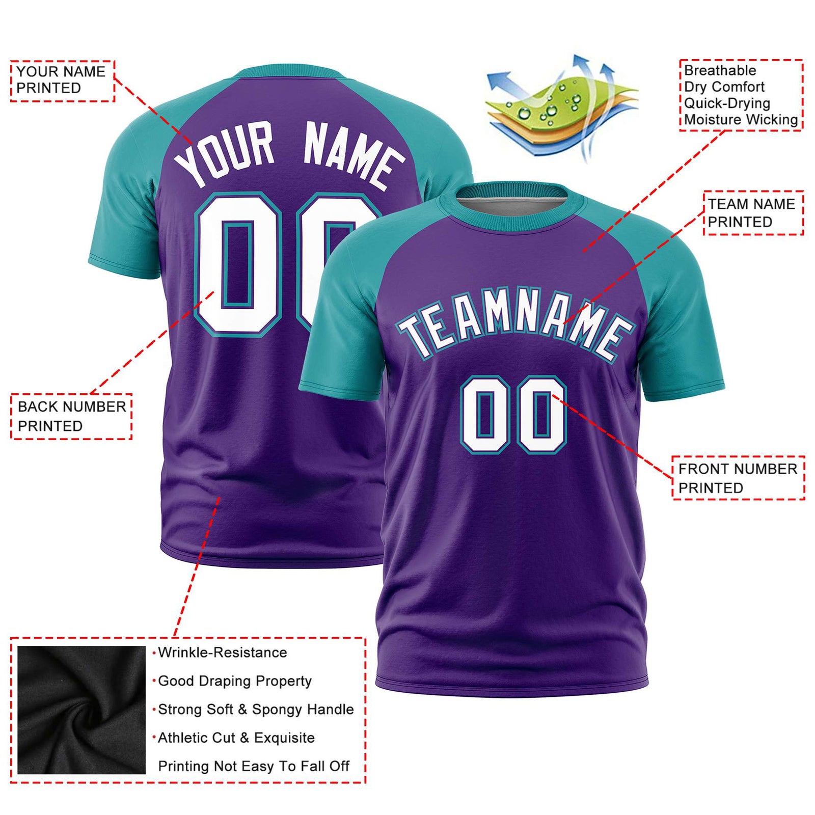 Custom Purple Aqua Raglan Sleeves Performance T-Shirt