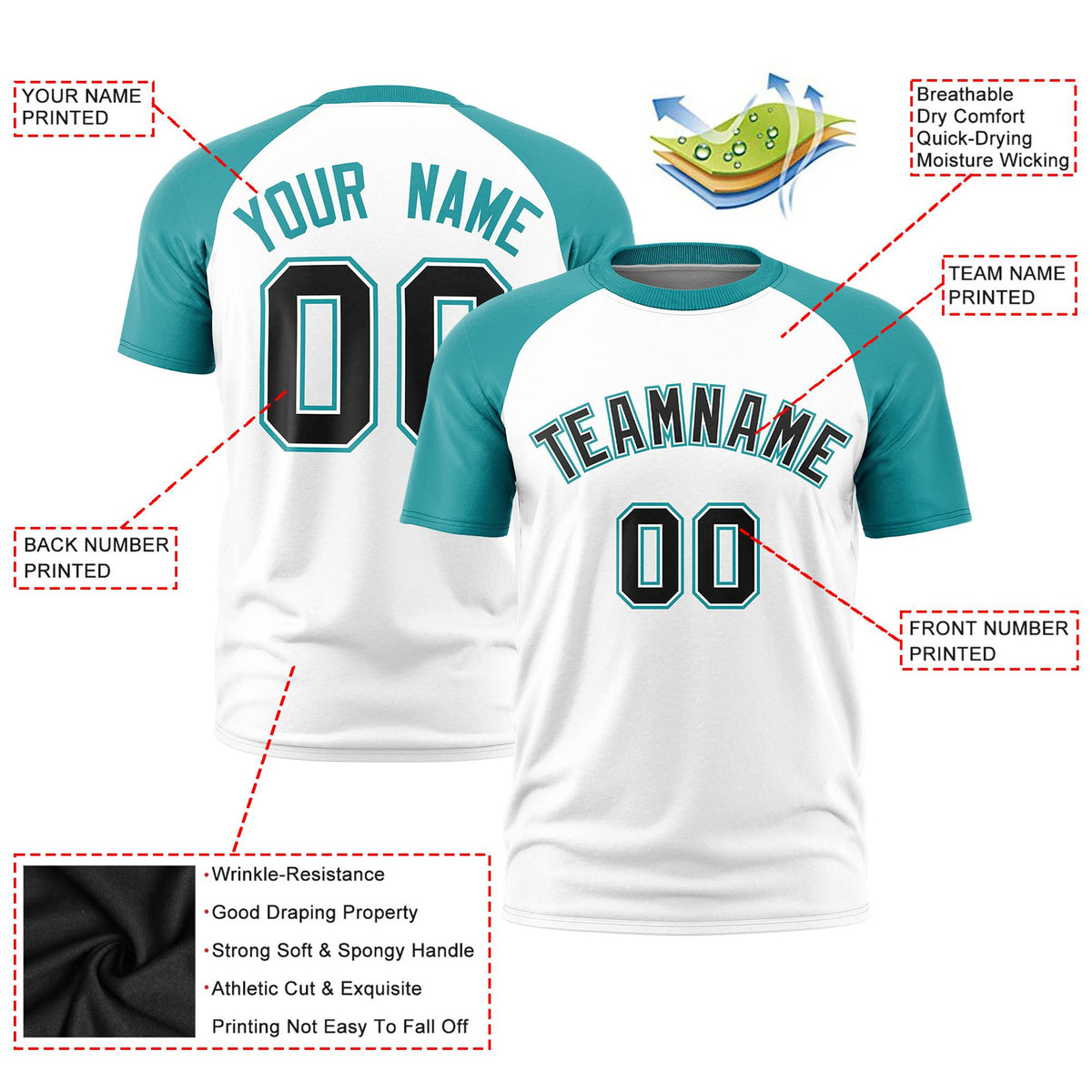 Custom White Aqua Raglan Sleeves Performance T-Shirt