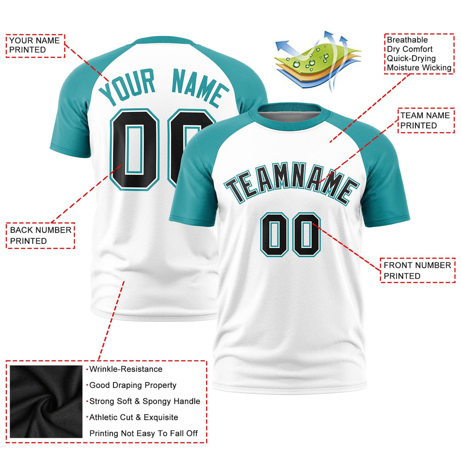 Custom White Aqua Raglan Sleeves Performance T-Shirt