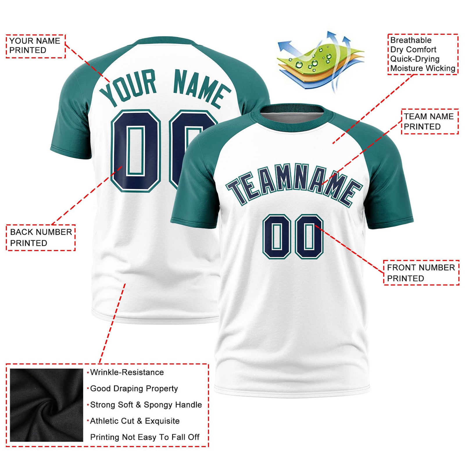 Custom White Aqua Raglan Sleeves Performance T-Shirt
