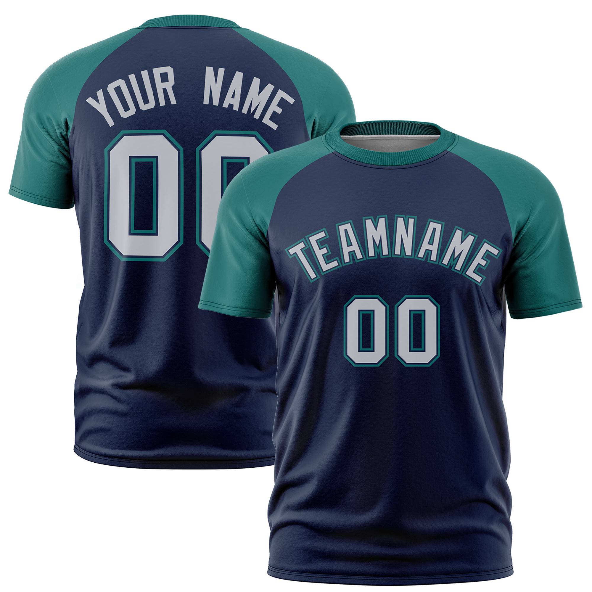 Custom Navy Aqua Raglan Sleeves Performance T-Shirt