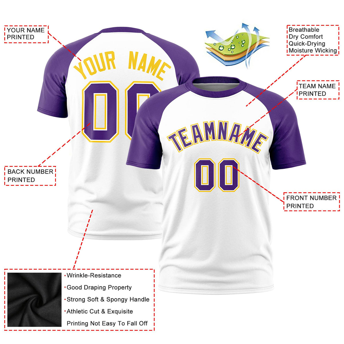 Custom White Purple Raglan Sleeves Performance T-Shirt