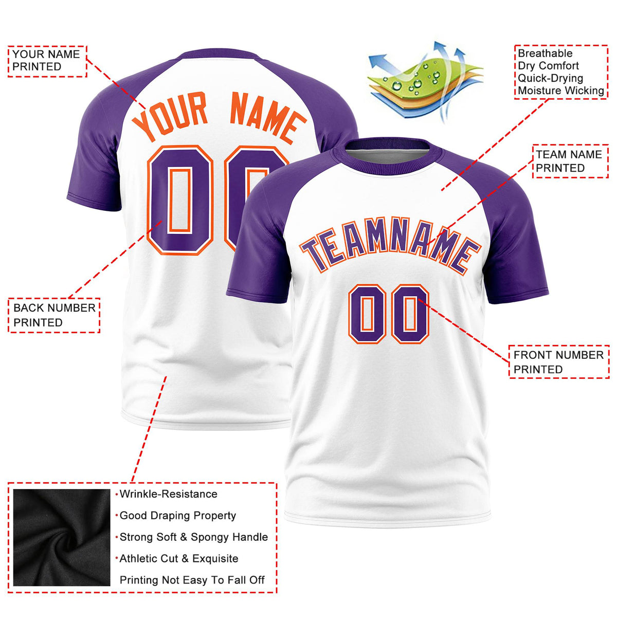 Custom White Purple Raglan Sleeves Performance T-Shirt